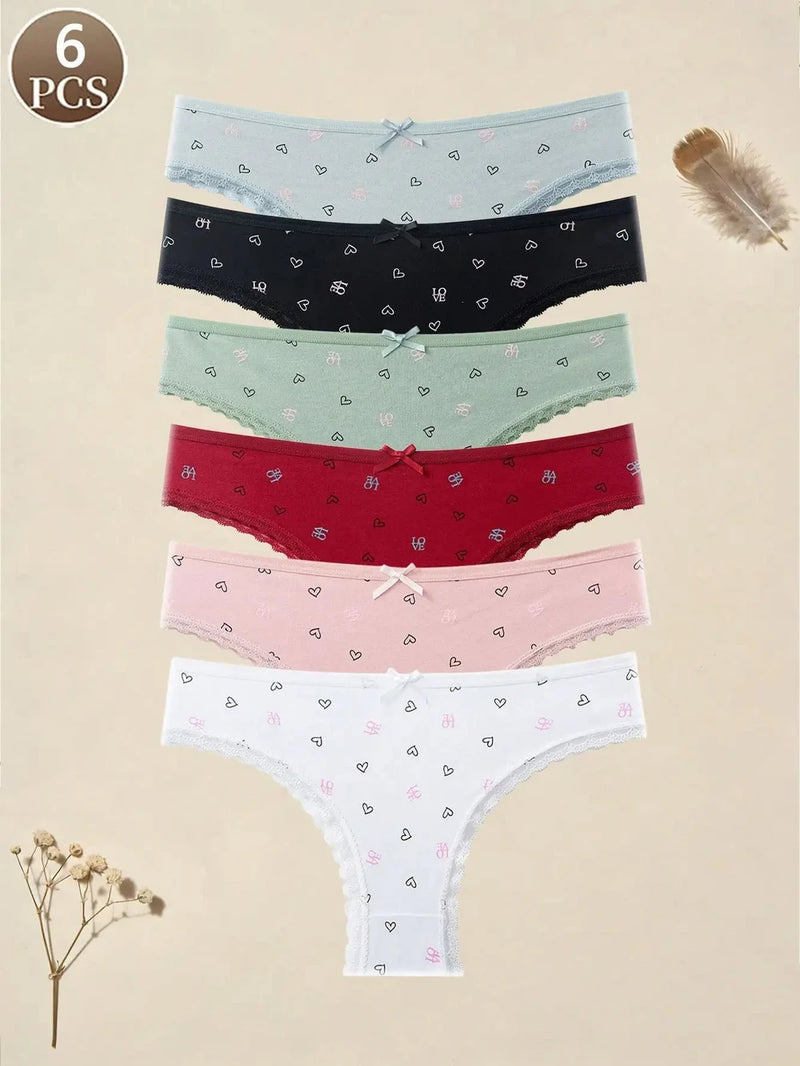 Bow Heart Print Thong 6-Pack