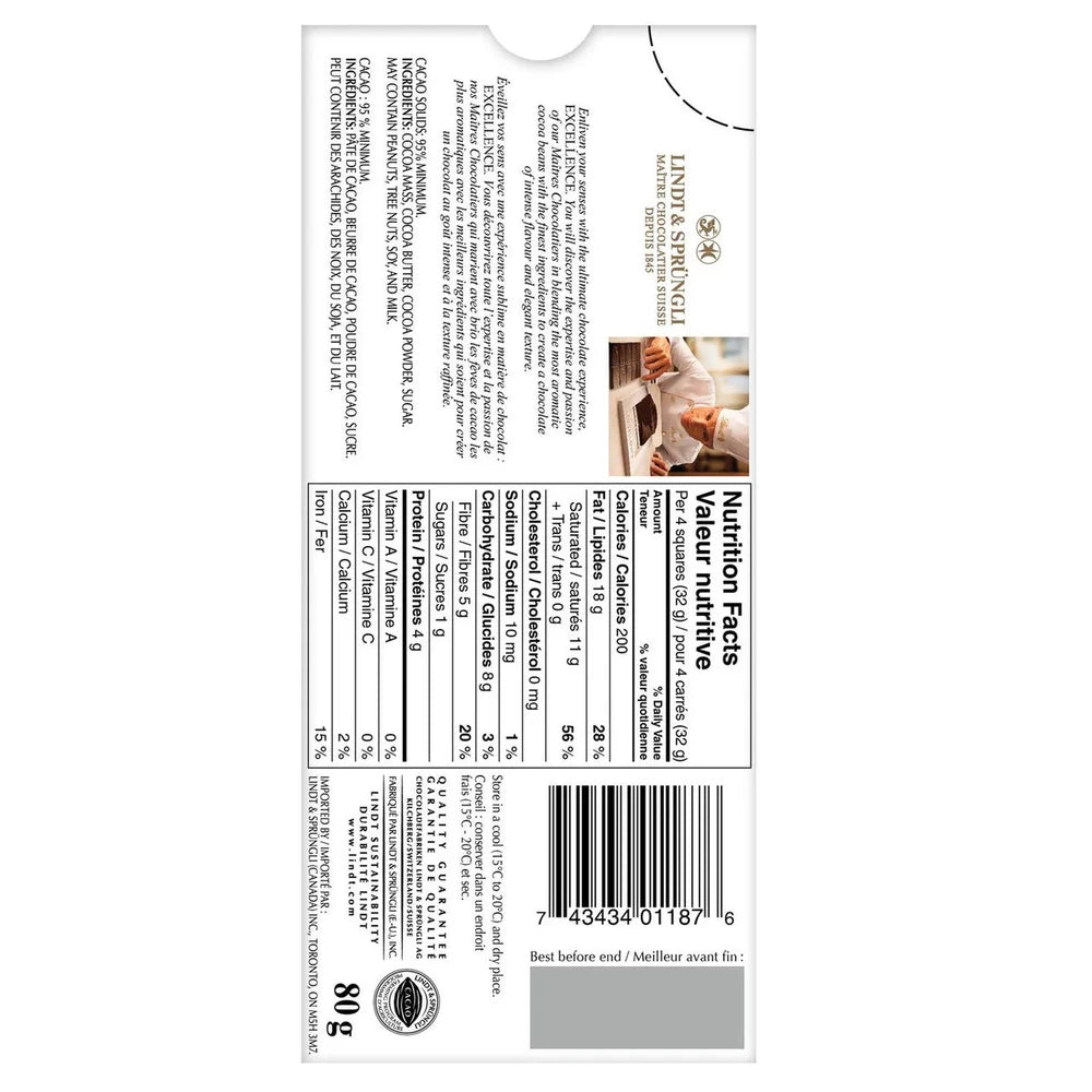 Lindt Excellence 95% Cacao Dark Chocolate Bar