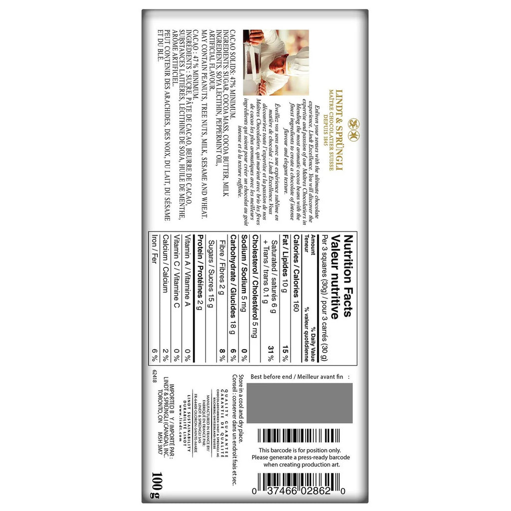 Lindt Excellence Intense Mint Dark Chocolate Bar, 100G/3.5 Oz