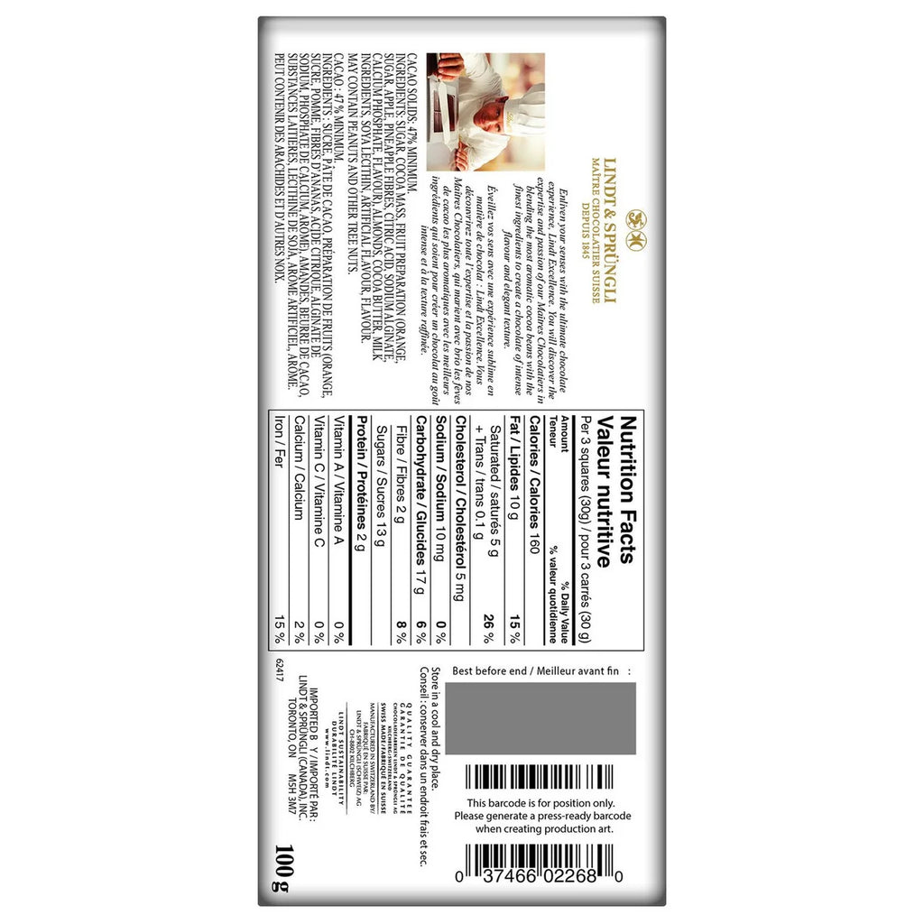 Lindt Excellence Orange Intense Dark Chocolate Bar, 100G/3.5 Oz.